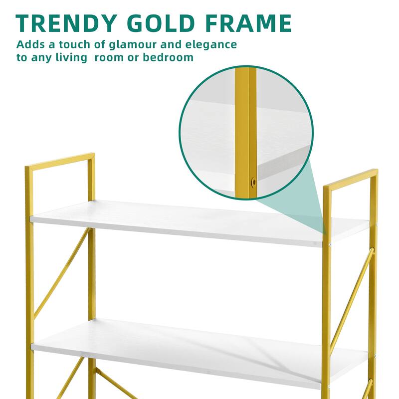 5 Tiers Wood Gold Bookshelf Modern Wide Bookcase Large Book Storage Rack White Gold