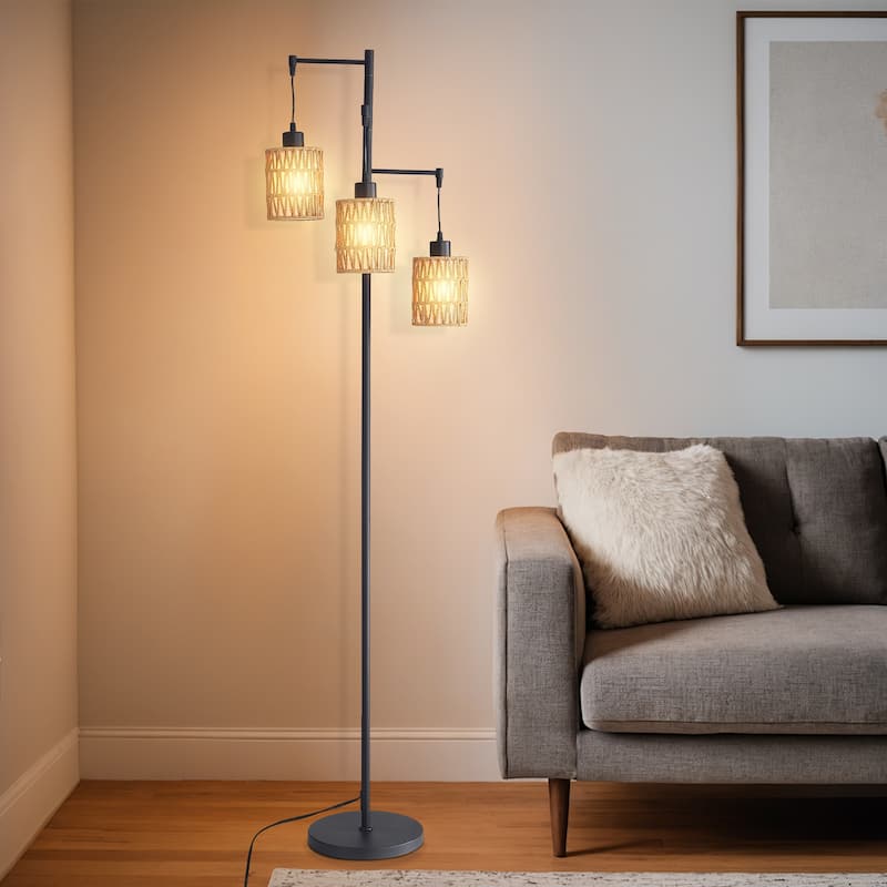 Sofucor 3-Lights Boho Rattan Floor Lights,Black Farmhouse Standing Lamp Wicker Rustic Tall Lamp,Rattan Woven LampShade Bohemian