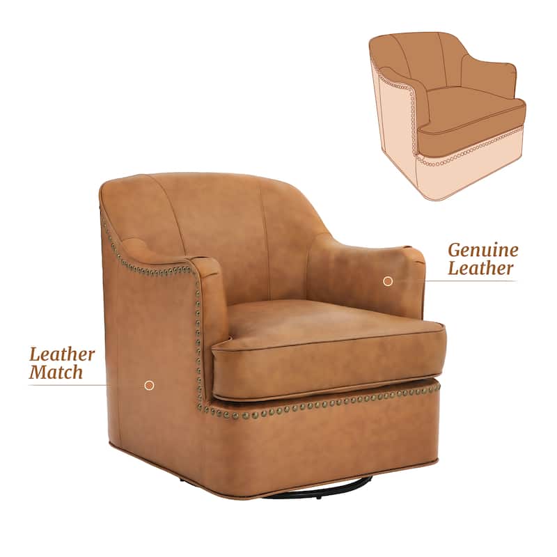 Modern Genuine Leather 360° Swivel Upholstered Accent Barrel Chair with Metal Base for Living Room