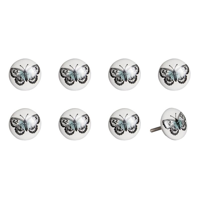 Set of 8 Floral Design Ceramic and Metal Drawer Pulls for Home Decor - 1.50” x 1.50” x 1.50” - Black-White