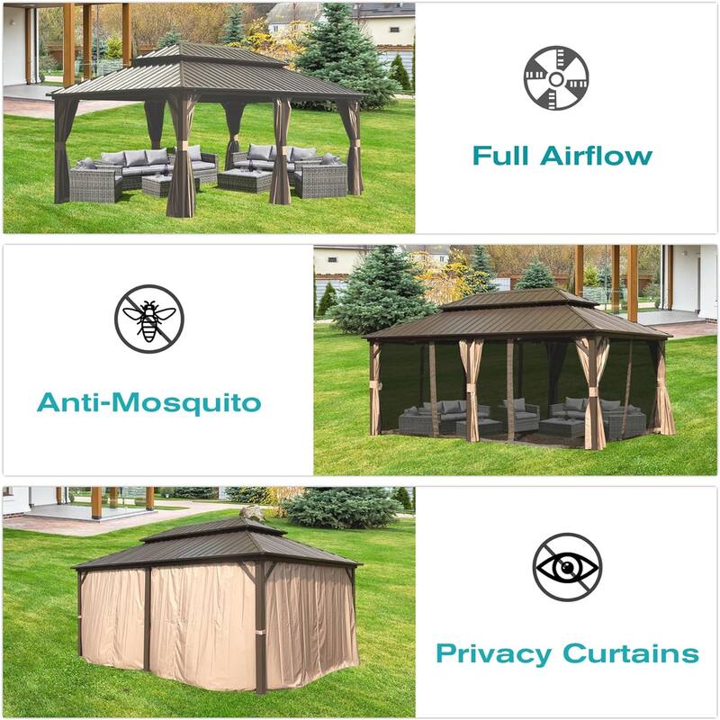 12' X 20' Hardtop Aluminum Gazebo with Double Roof, Curtain, and Netting for Patio, Backyard, Deck, and Lawn