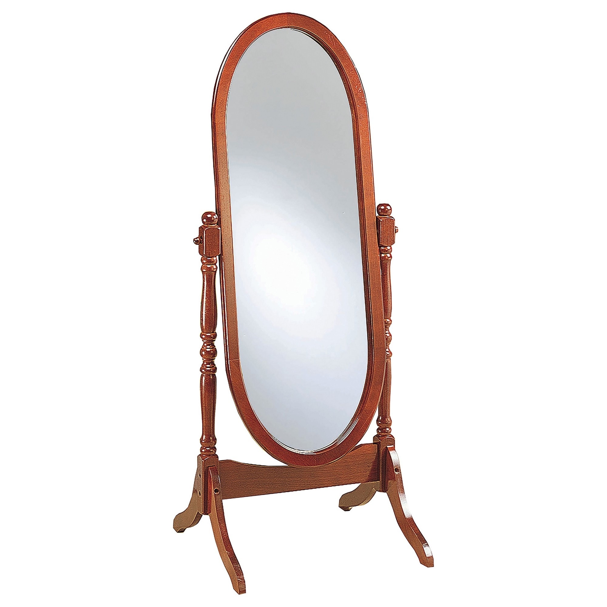 Benjara Standing Cheval Mirror with Oval Frame Turned Posts Brown