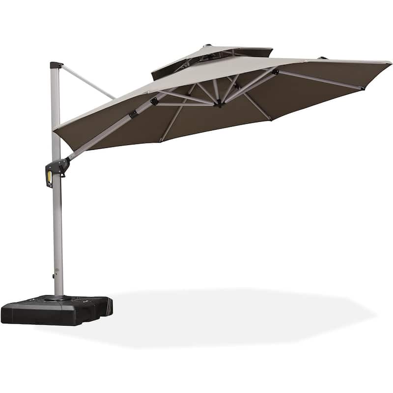 PURPLE LEAF 11ft Round Sunbrella Patio Cantilever Umbrella with Base - Grey/Classic