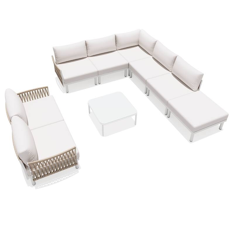 Outdoor Modular All-Weather Aluminum Cushioned Sectional Sofa Set with Deep Seating Patio Conversation Set - 8PC - Beige