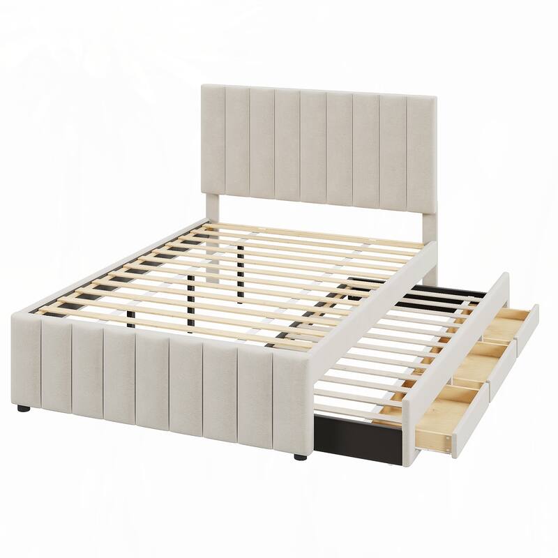 Full Size Upholstered Platform Bed with Twin Size Trundle,Beige