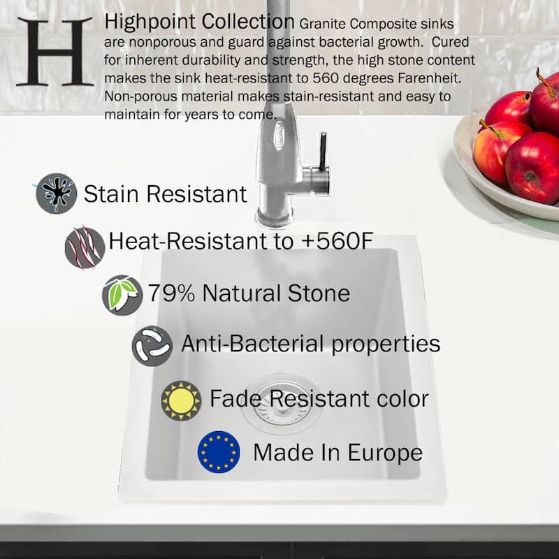 Highpoint Collection European Granite Composite Bar Sink and Drain Set - 15" x 18" x 7.6"