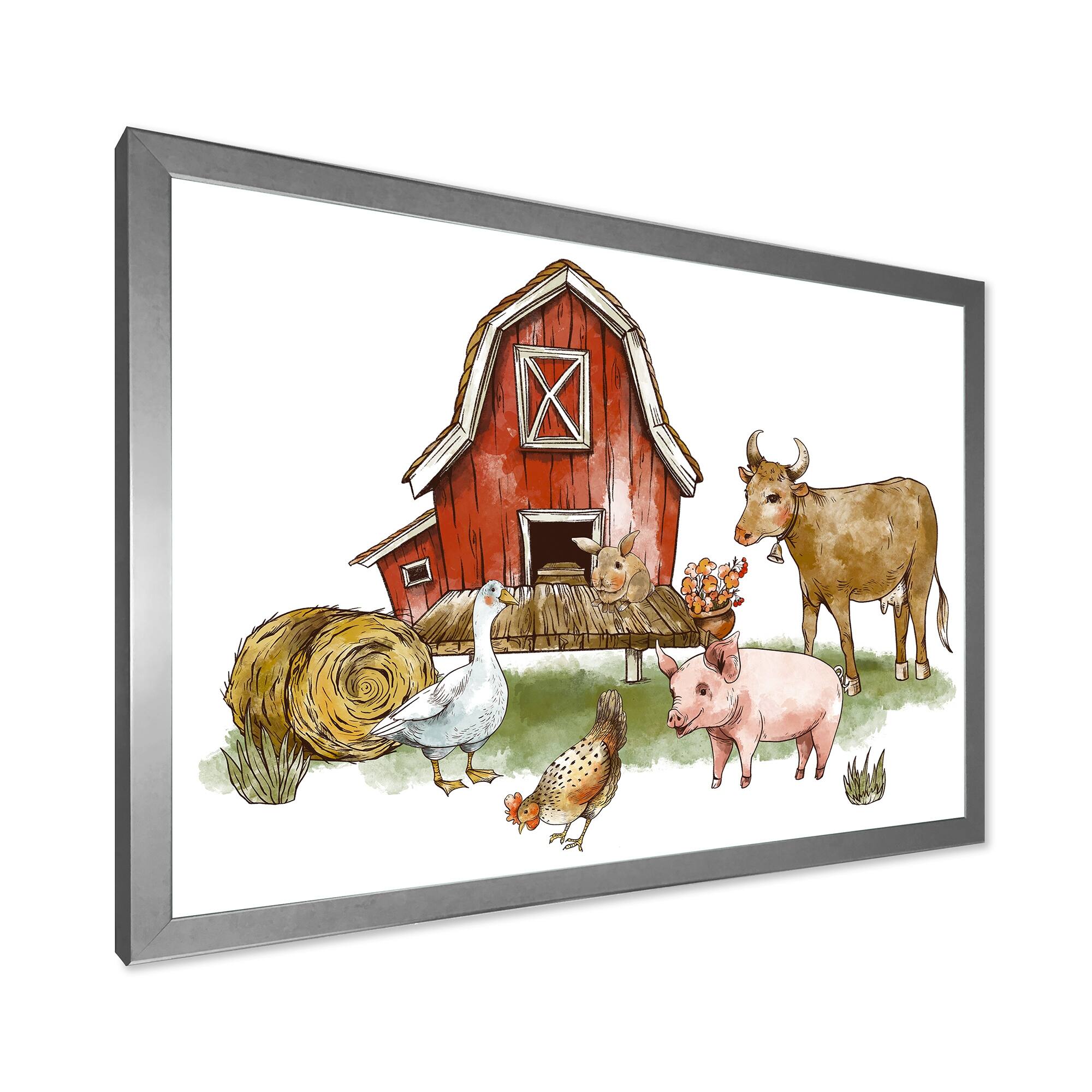 Designart "Farm House With Goose Chicken Cow Pig and Haystack" Rustic