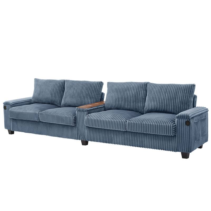4 Seater Corduroy Sofa Couch with USB Ports and Storage Arms, 133" Modern Sofa with Side Pockets and Flip-Top Cup Holders