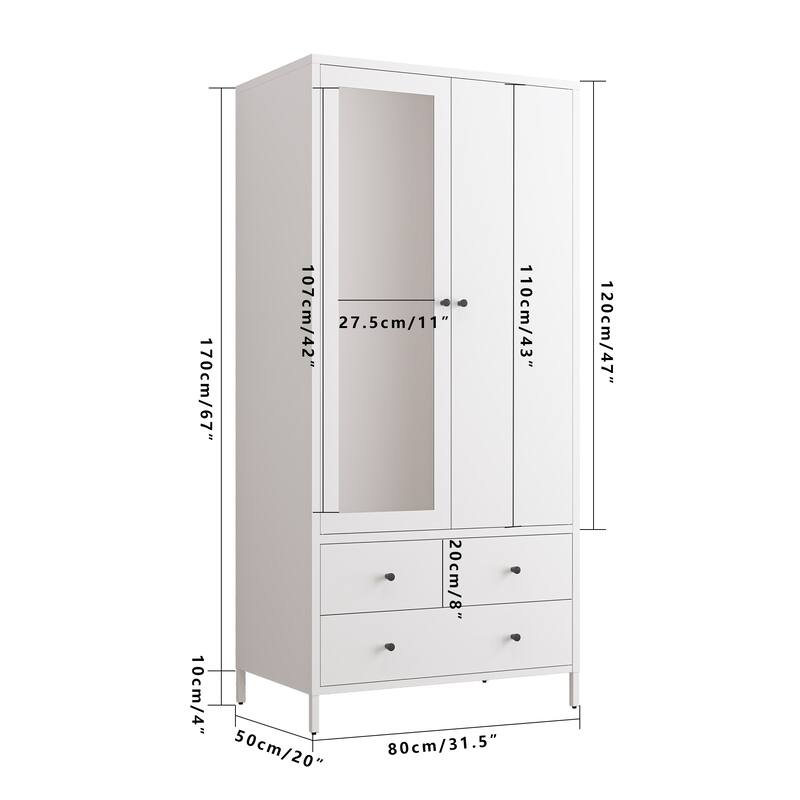 Metal Armoire Wardrobe Closet with 2 Drawers,Mirror Door and Hanging Rod
