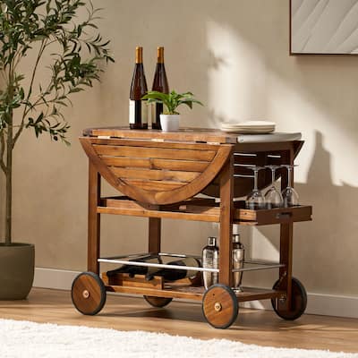 Roomfitters Rolling Serving Cart with Foldable Table, Removable Trays, Bottle Holder, Perfect for Outdoor, Solid Natural Wood