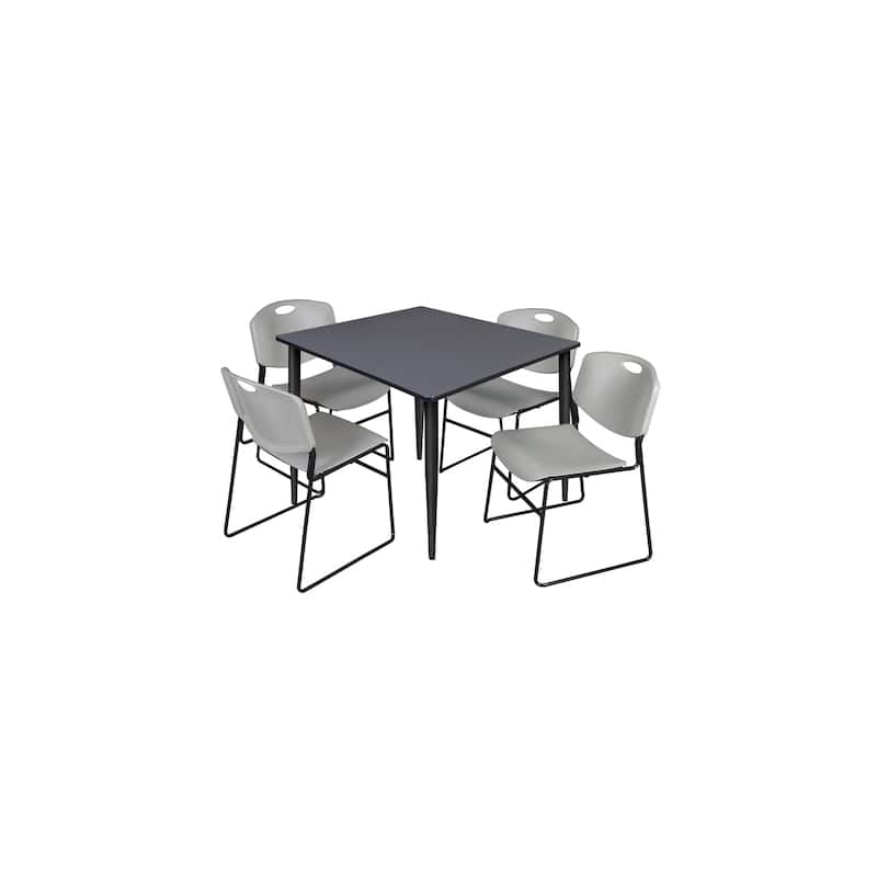 48 in. Square Breakroom Table- Grey Top, Black Base & 4 Stack Chairs- Grey - Grey, Black, Beige
