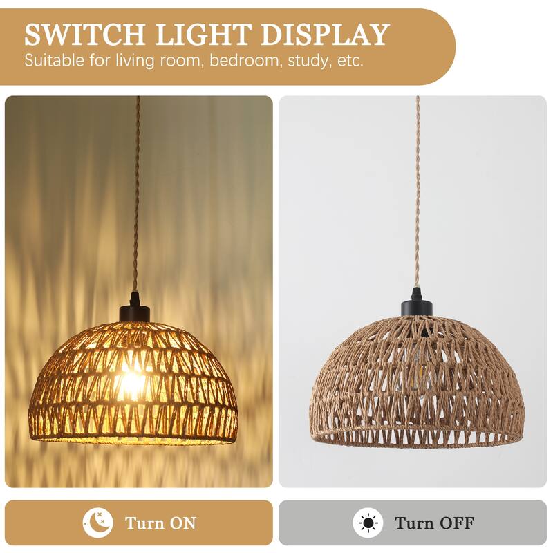 Plug in Handwoven Hemp Rope Lampshade Pendant Light with On/Off Switch