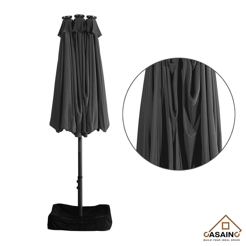 15-ft. Rectangular Crank Double-sided Outdoor Market Umbrella Solar LED Lighted Patio Umbrella with Base Included