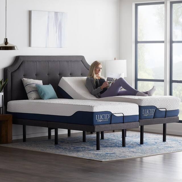Lucid Comfort Collection Hybrid Mattress and Deluxe Adjustable Bed Set - Split King