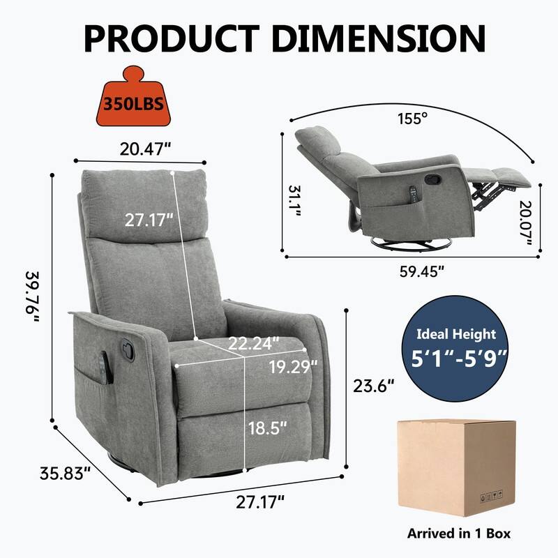 Heat Massage Manual Recliner Chair with Rocker and Swivel in Fabric for Living Room