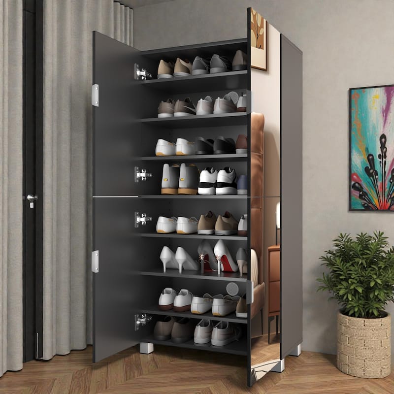 50" Mirrored Shoe Cabinet with 4 Doors, Adjustable Shelves, Ventilation Holes & Large Capacity Storage for Entryway