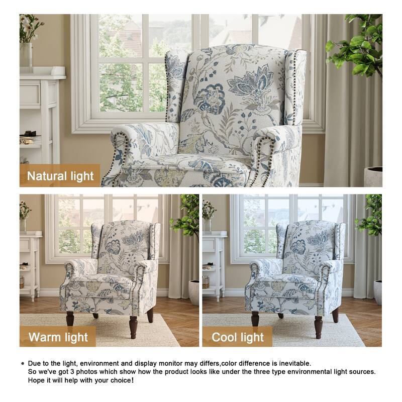 Traditional Floral Patterned Wingback Armchair with Nailhead Trim