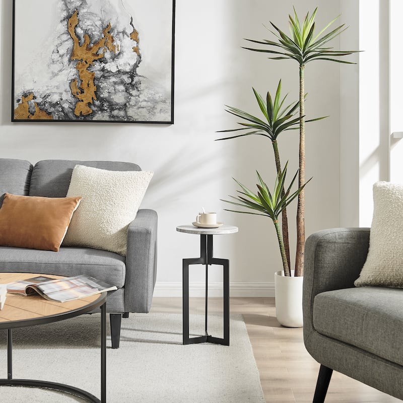 Black Metal Sculptural Pedestal & Faux Stone Tabletop Accent End Table