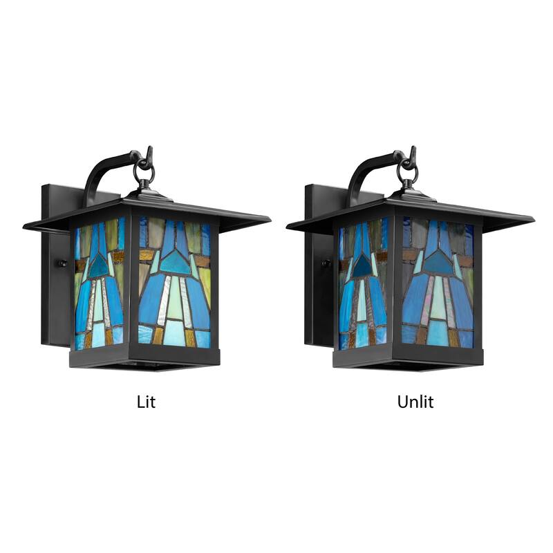 River of Goods Aqua Stained Glass and Black 1-Light Outdoor Lantern Wall Sconce - Aqua/Blue