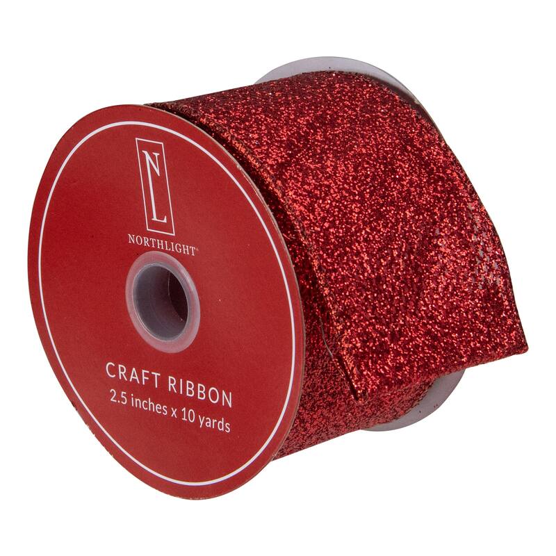 Red Glittered Christmas Wired Craft Ribbon 2.5" x 10 Yards - 2.5" x 10 Yards