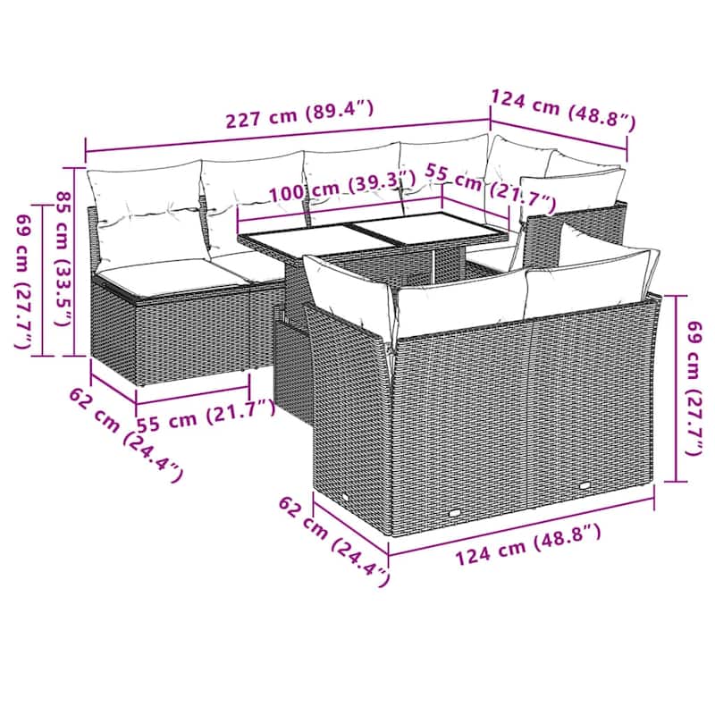 vidaXL Patio Sofa Set with Cushions Modular Outdoor Seating 8 Piece Poly Rattan - 24.41 x 24.41 x 27.17
