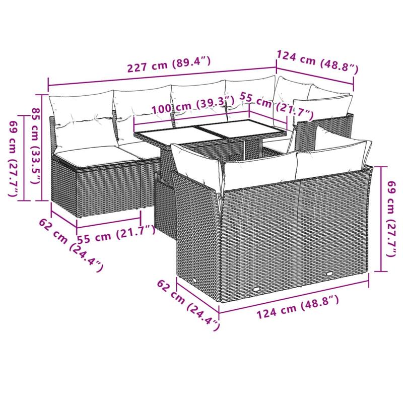 vidaXL Patio Sofa Set with Cushions Outdoor Furniture 8 Piece Poly Rattan - 21.7 x 39.4 x 28.7 in
