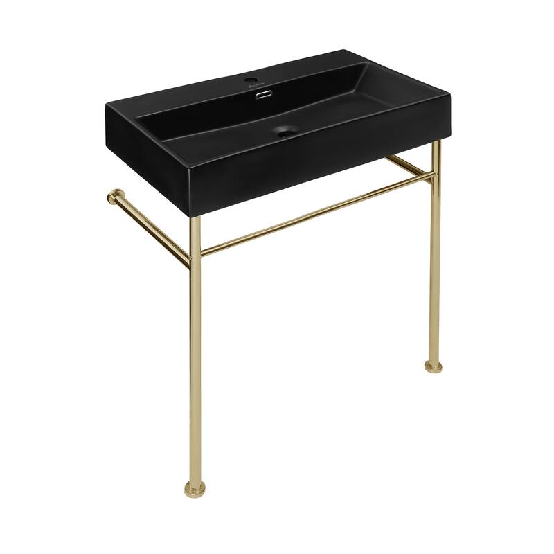 Reims 30 Ceramic Console Sink Matte Black Basin Gold Legs - 29.5" x 16.55" 35.45" - 29.5" x 16.55" 35.45" - Black