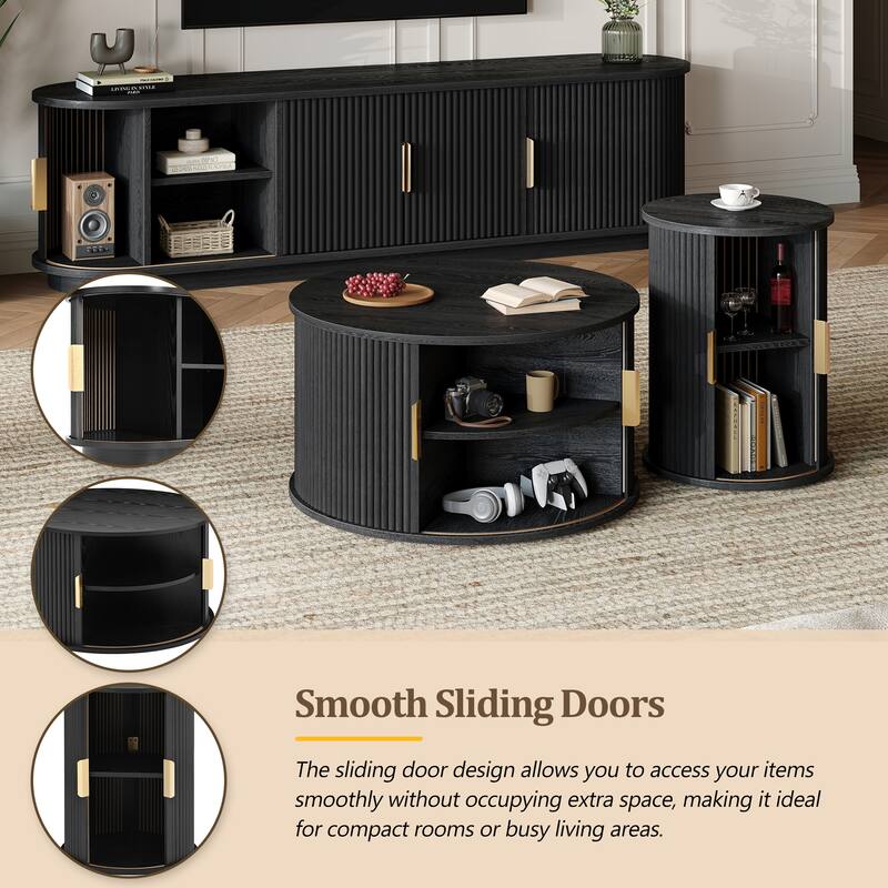 Fluted Sliding Door TV Stand & Coffee Table Set, Wooden Media Cabinet TV Console for TVs up to 75", 3-Piece Living Room Set