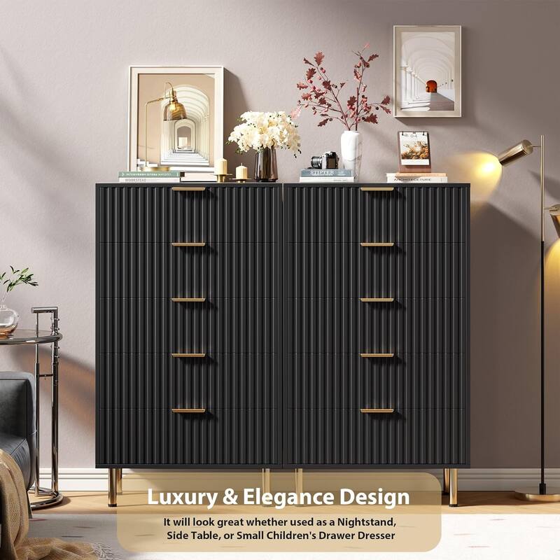 Fluted 5 Drawer Storage Dresser, Tall Chest with Deep Drawers and Wide Top, Wooden Organizer for Living Room