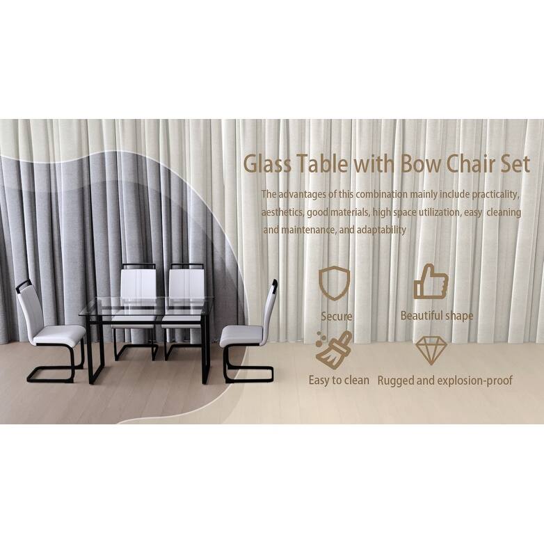 Glass 5-Piece Dining Table Set with 4 PU Upholstered Chairs