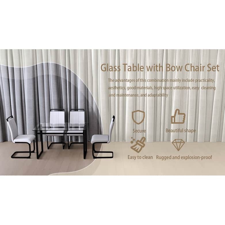 Modern 5-Piece Dining Set with Rectangular Glass Table & High Back Metal C-shaped Tube Chairs