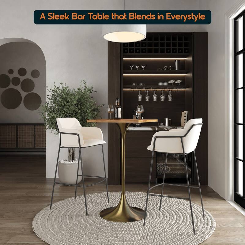Verve 43 in. Tall Bar Height Dining Table Square MDF Wood Tabletop in Gold Stainless Steel Pedestal Base Accent Bar Table