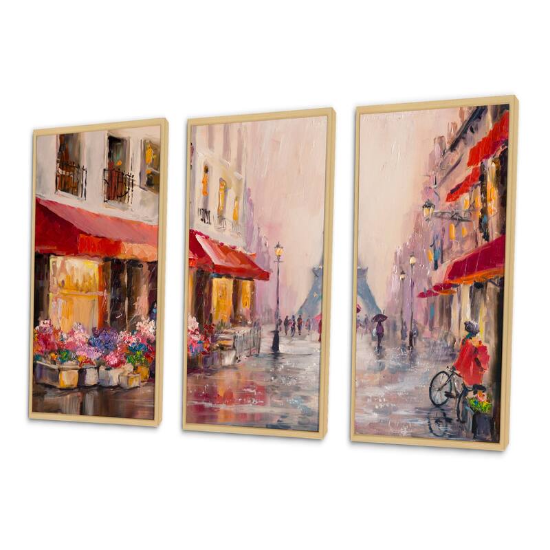 Designart "Lovers in Paris Eiffel Tower " Cityscape Framed Art Set of 3 - 4 Colors of Frames