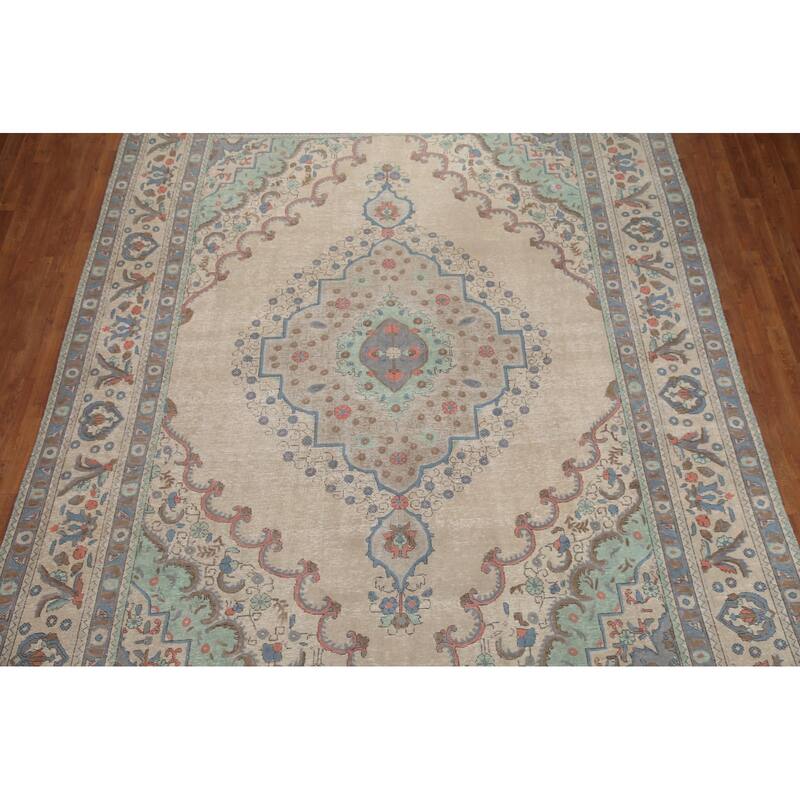 Hand Knotted Oriental 100% Wool Carpet Traditional Medallion Beige & Ivories Tabriz Area Rug - 12' 10'' X 9' 6''