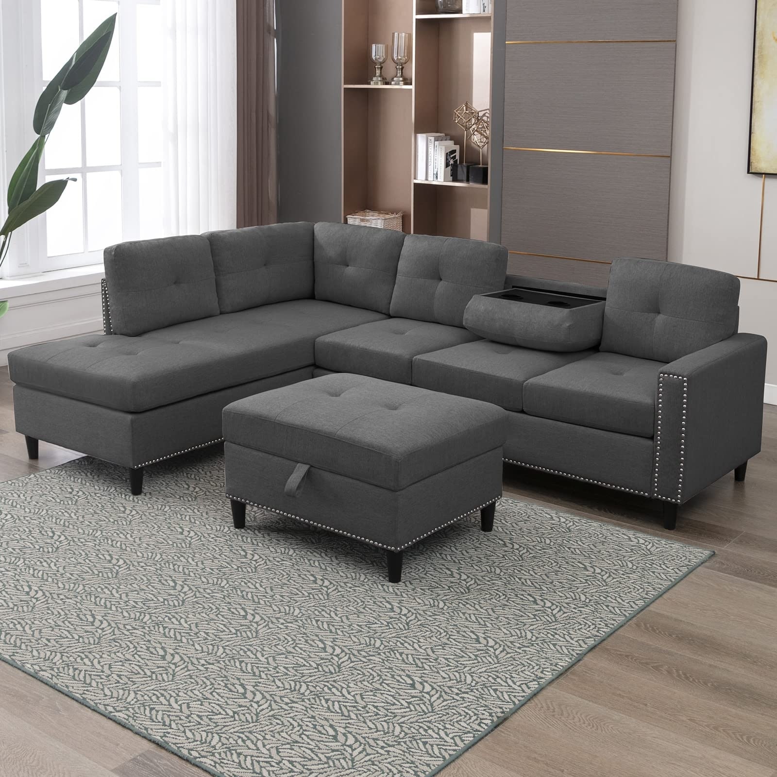 Modern Linen Upholstered Sofa - Storageable Coffee Table, 2 Cupholders, and 2 USB Ports - Beige