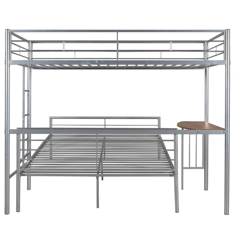 Silver Twin over Full Metal Bunk Bed with Desk, Ladder, and Quality Slats