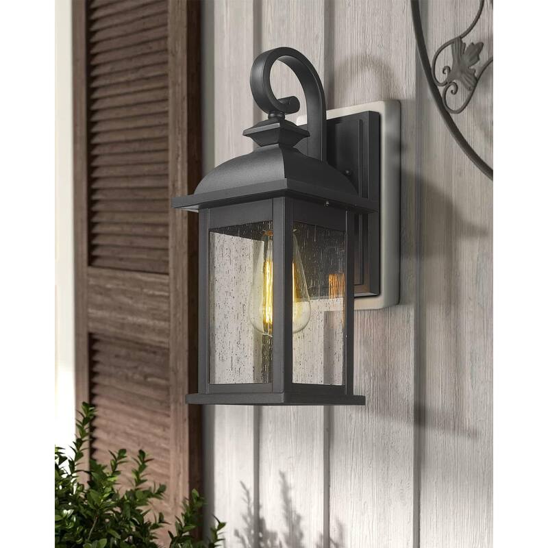 1-Light Exterior Waterproof Wall Sconce,E26 Socket Front Porch Lights,Anti-Rust Matte Black Finish with Seeded Glass Lampshade