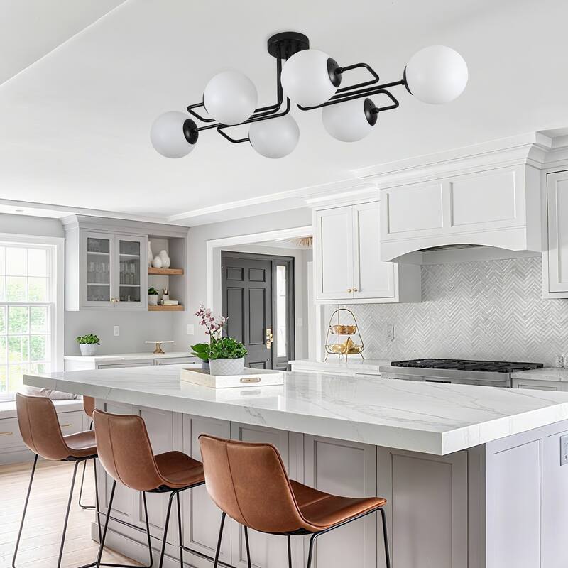 Mid - Century Modern 4 - Light Chandelier, Brass Frame with Glass Globes