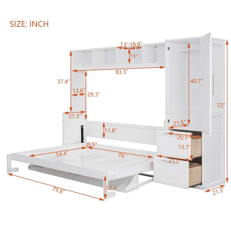 Full/Queen Smart Murphy Bed with Wardrobe & Storage, Space-Saving System