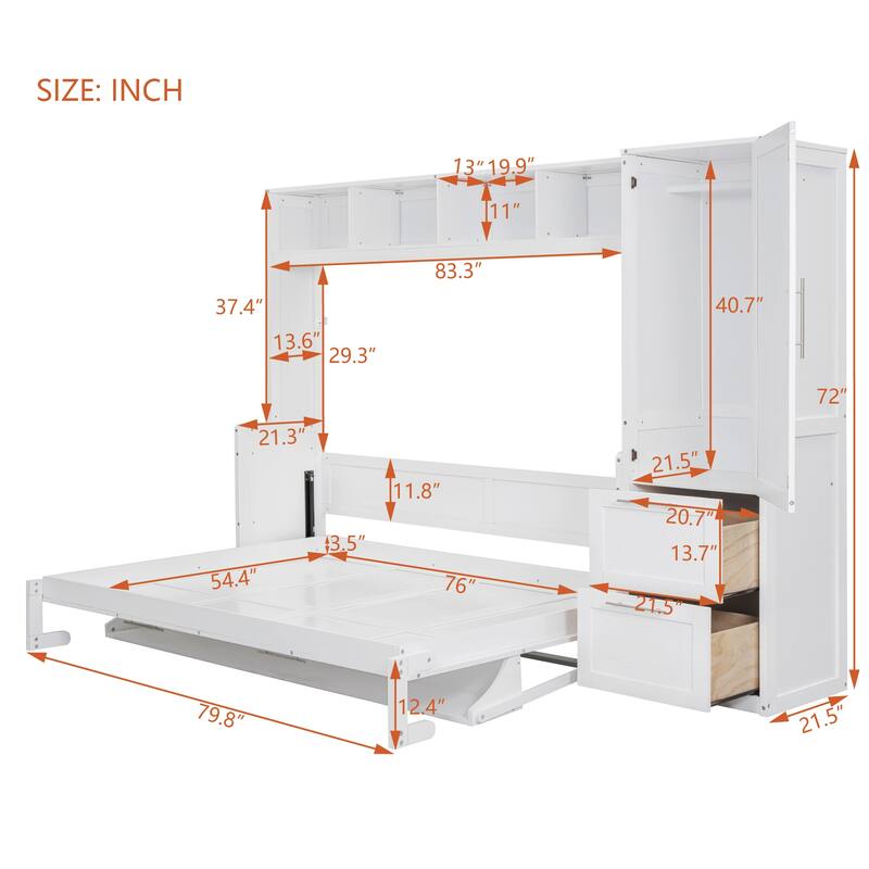 Multifunctional Murphy Bed with Top Shelf, Wardrobe, Drawers and Rack