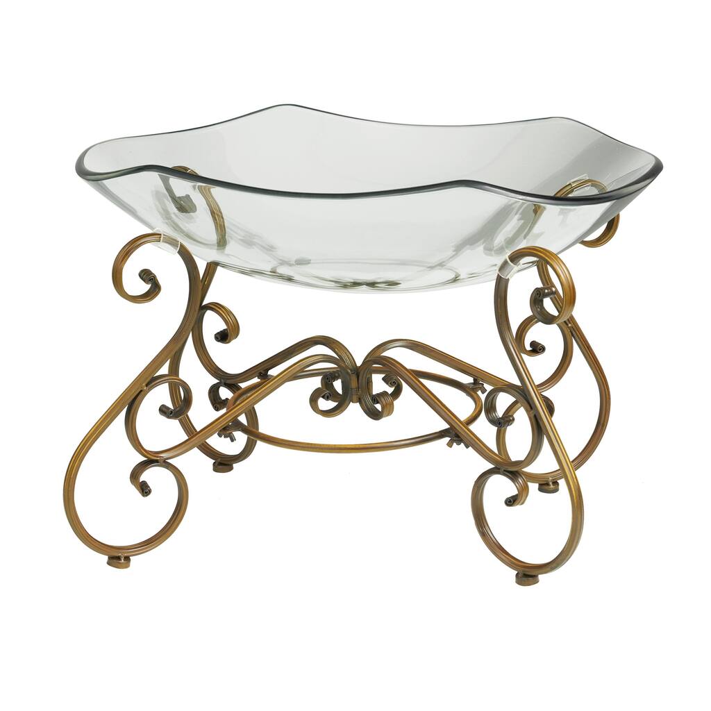 Glass Kitchen Serving Bowl with Gold Metal Scroll Base - Clear - Roche River Decor - 16"W x 21"L x 14"H