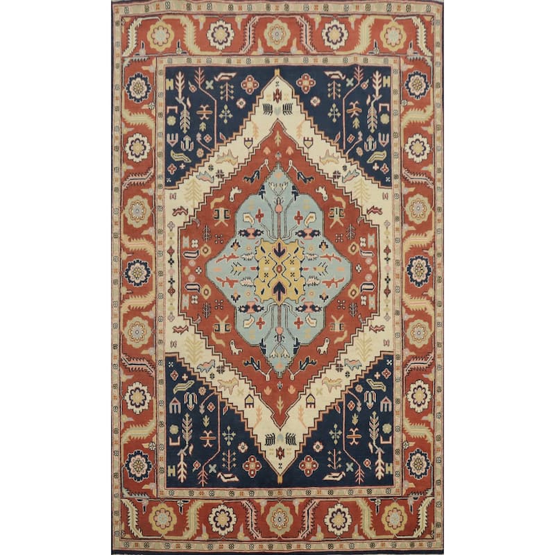 Hand Knotted Oriental 100% Wool Carpet Traditional Medallion Oranges & Rust Heriz (serapi) Area Rug - 8' 11'' X 6' 1''