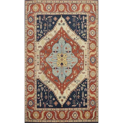 Hand Knotted Oriental 100% Wool Carpet Traditional Medallion Oranges & Rust Heriz (serapi) Area Rug - 8' 11'' X 6' 1''