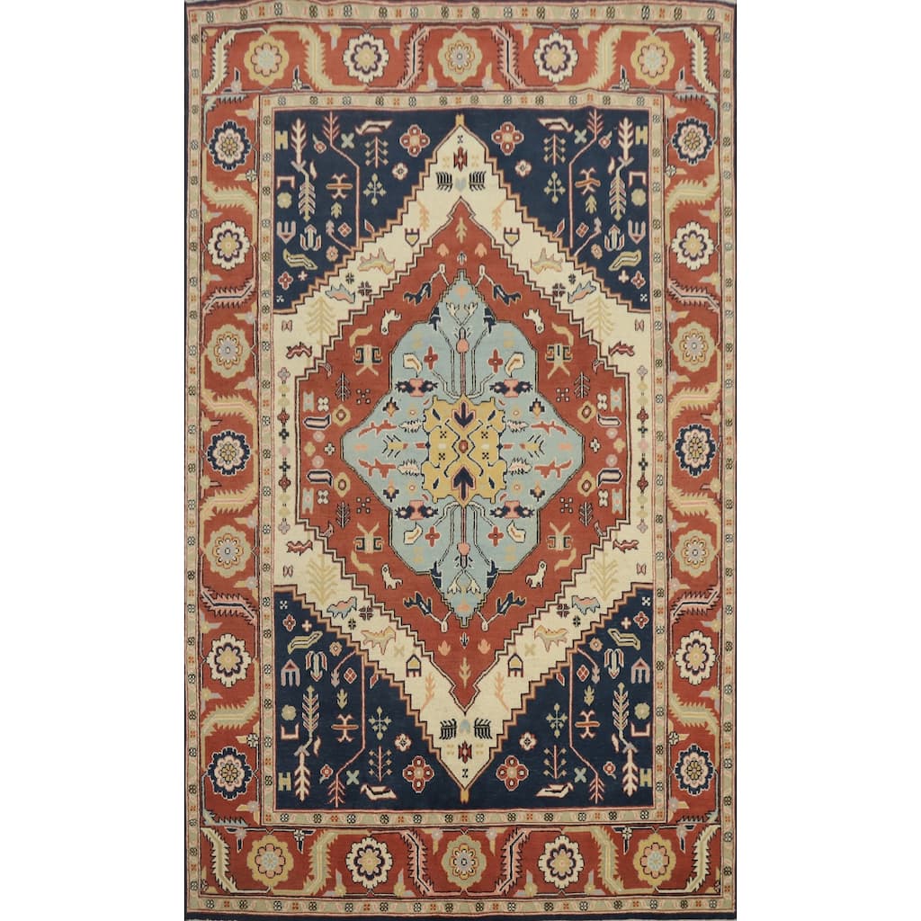 Hand Knotted Oriental 100% Wool Carpet Traditional Medallion Oranges & Rust Heriz (serapi) Area Rug - 8' 11'' X 6' 1''