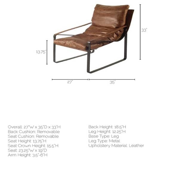 Hornet I Brown Genuine Leather w/Black Iron Frame Accent Chair - 27"W x 35"D x 36"H