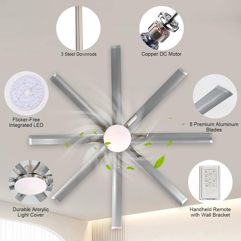 52"/66"/72"/76 Inch Modern Ceiling Fan with Dimmable LED Light ,Remote&APP Control,8 Blades for Large Living Room,Porch