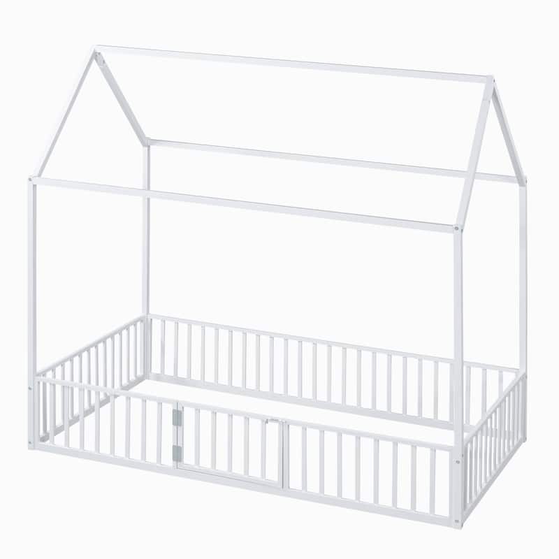Metal House Bed with Fence, Roof, and Door for Kids