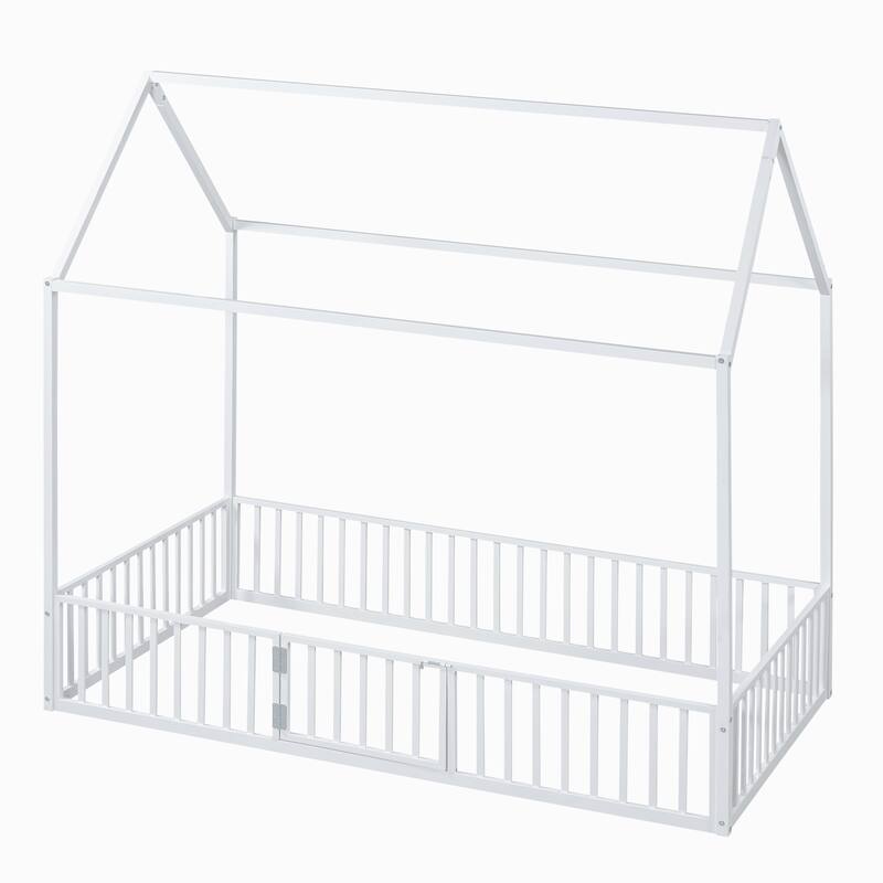 White Twin Size Metal House Bed with Fence and Play Door for Kids