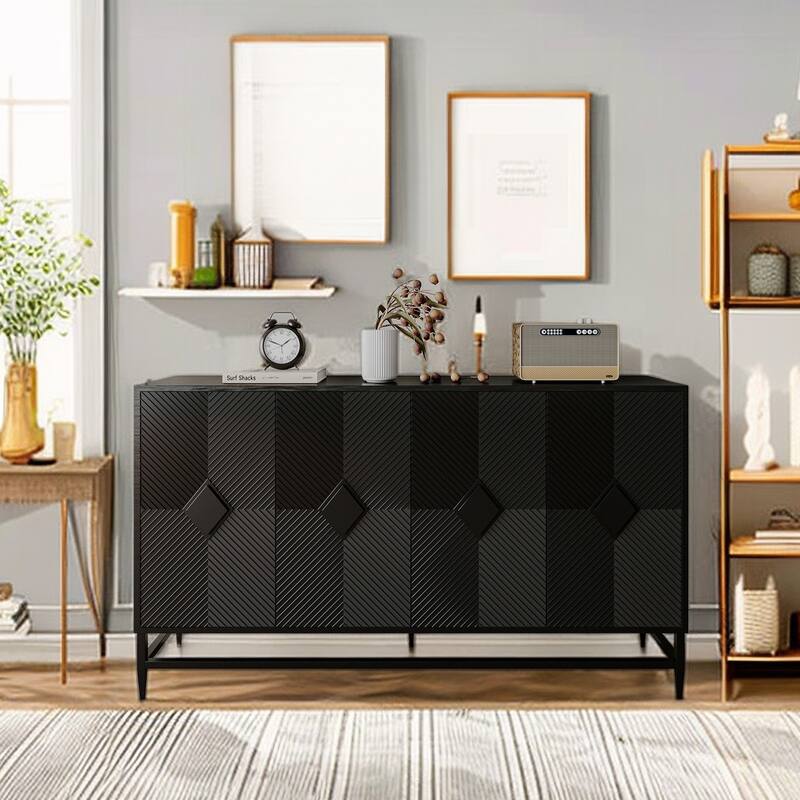 Wood Cabinet with Glass Sliding Doors Display Storage Cabinet - Matte black