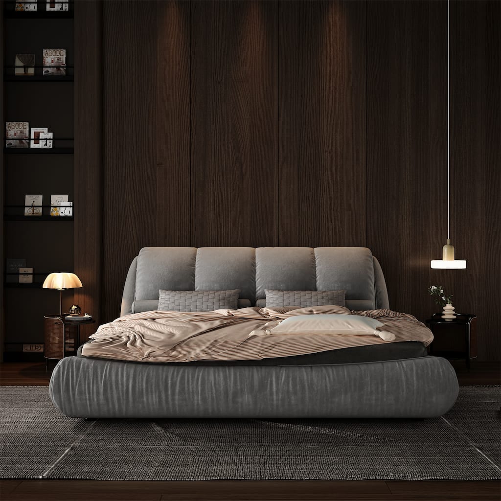 Luxury Upholstered Platform Bed with Oversized Backrest, King Solid Wood Bed Frame, Gray